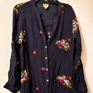 fig and flower Navy Embroidered Floral Button-Down Shirt